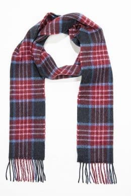 John Hanly Irish Wool Scarf Long Burgundy Denim Navy Plaid