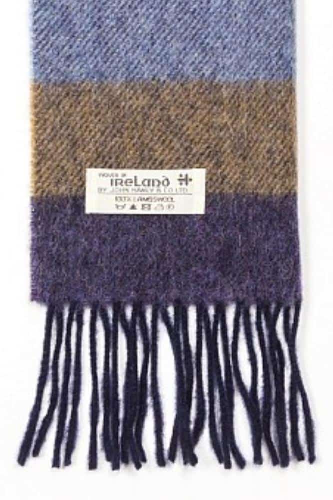 John Hanly Irish Wool Scarf Long Purple Charcoal Blue Tan Stripe