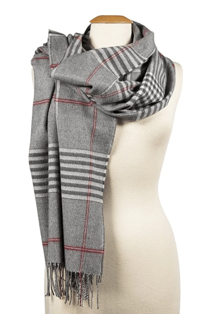 John Hanly Oversized Merino Scarf Grey Cream Red Check