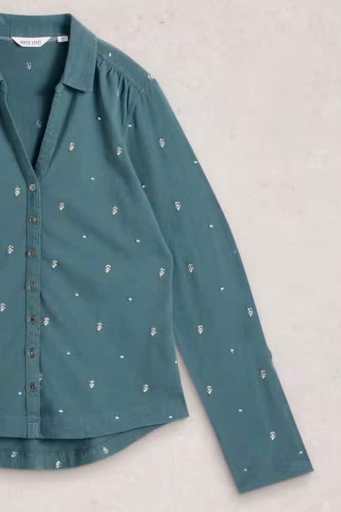 White Stuff Annie Embroidered Jersey Shirt Mid Blue - La Vie en Rose Damesmode