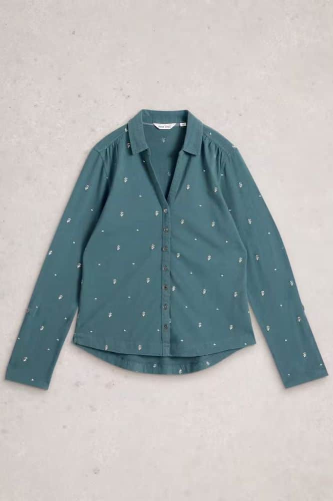 White Stuff Annie Embroidered Jersey Shirt Mid Blue - La Vie en Rose Damesmode